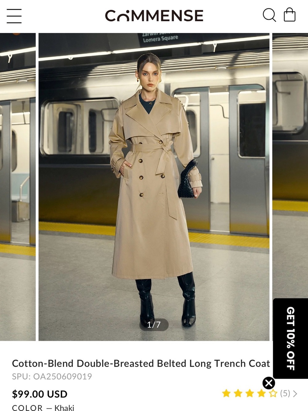 Commense Khaki Double-Breasted Belted Long Trench Coat